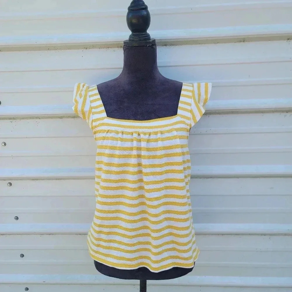 Loft Women's Yellow White Striped Stretch Cami Tank Top Blouse Swing Ruffle XS